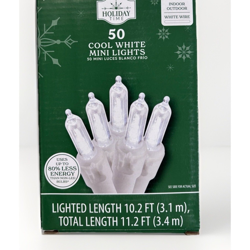 Holiday Time 50.Ct Cool White Mini‎ LED Christmas Lights Strand White Wire NEW